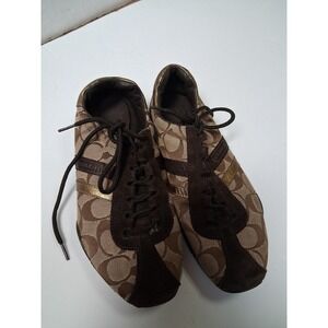 COACH‎ Katelyn Signature Canvas Tan Brown Gold Accent Sneakers Women's 7M